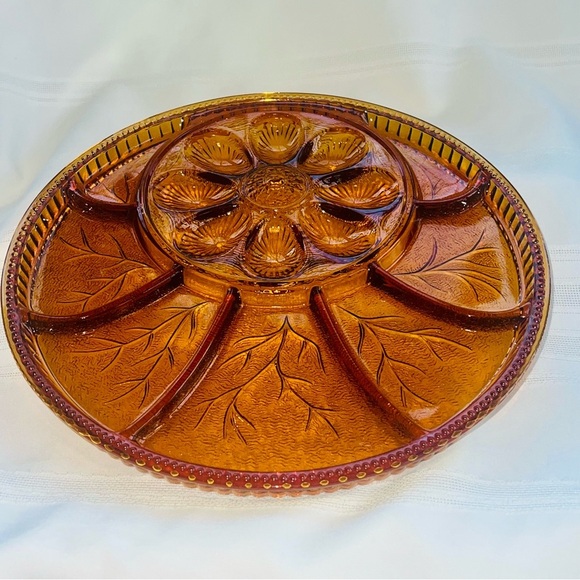 Egg Plate Relish Plate Round Amber Pebble Leaf by Indiana Glass VTG Discontinued - Picture 6 of 11